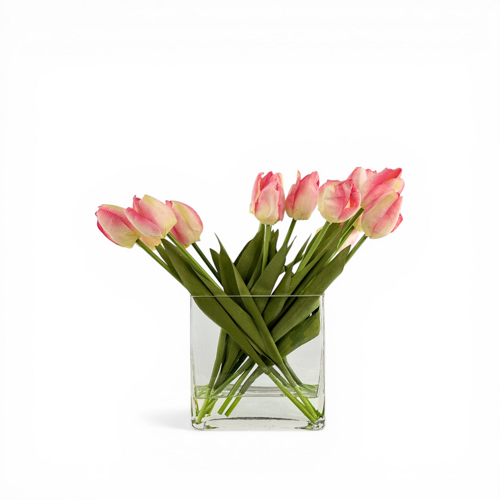 Tulip Arrangement Pink in Rectangle Glass Vase – Francisco Plant Couture