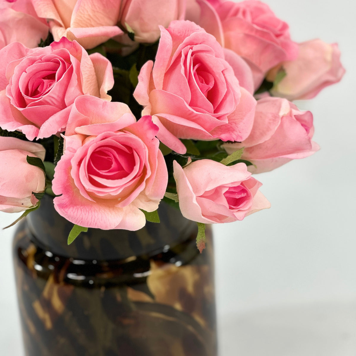 Pink Roses Arrangement in Tortoise Shell Glass Vase