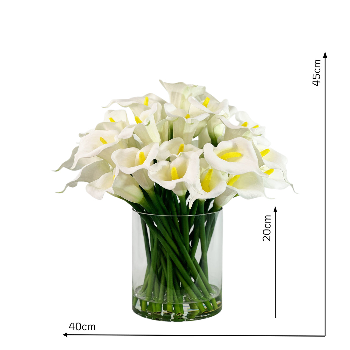 Artificial White Calla Lily Silk Flower Arrangement in Glass Cylinder Vase Set in Faux Water with measurements 45cm high and 40cm wide