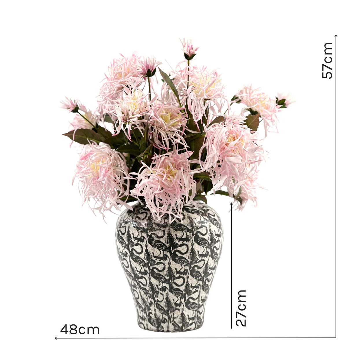 Spider Chrysanthemum Lilac Arrangement in Crane Ceramic Vase. Front view with measurements. Plant Couture.