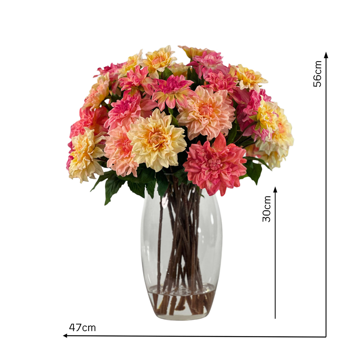 Dahlia Arrangement Mixed colours 56cm in Barrel Vase Set in Faux Water with measurements