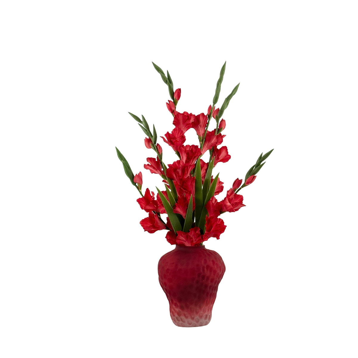 Faux GLADIOLUS RED IN STRAWBERRY VASE