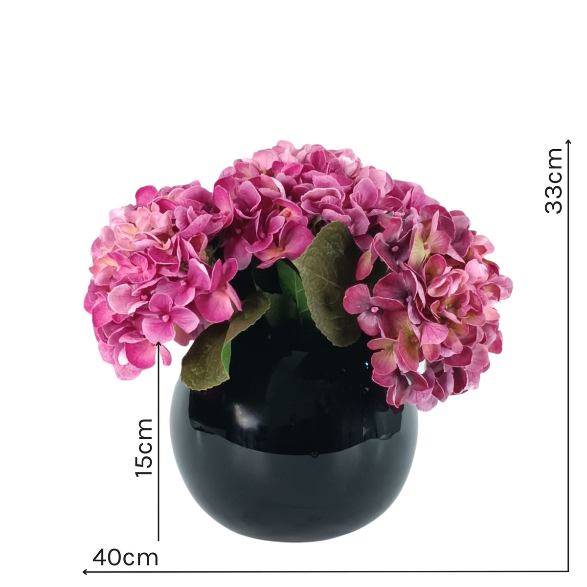 Hydrangea Purple Pink Arrangement in Black Gloss Glass Vase. Full view of silk flowers in vase with measurements. Available from www.plantcouture.co.za