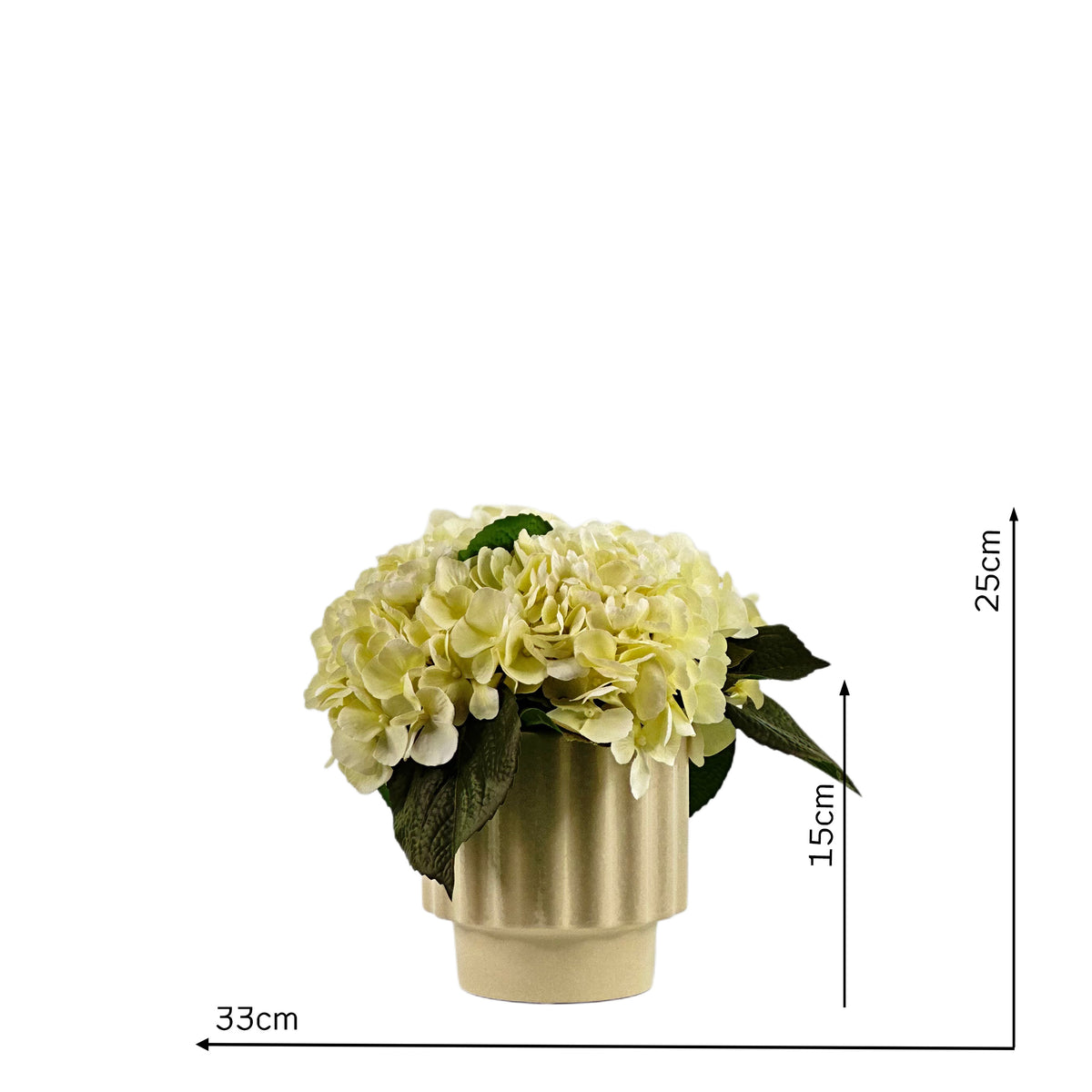 Artificial Hydrangea White Arrangement in Beige Ceramic Cream with measurements