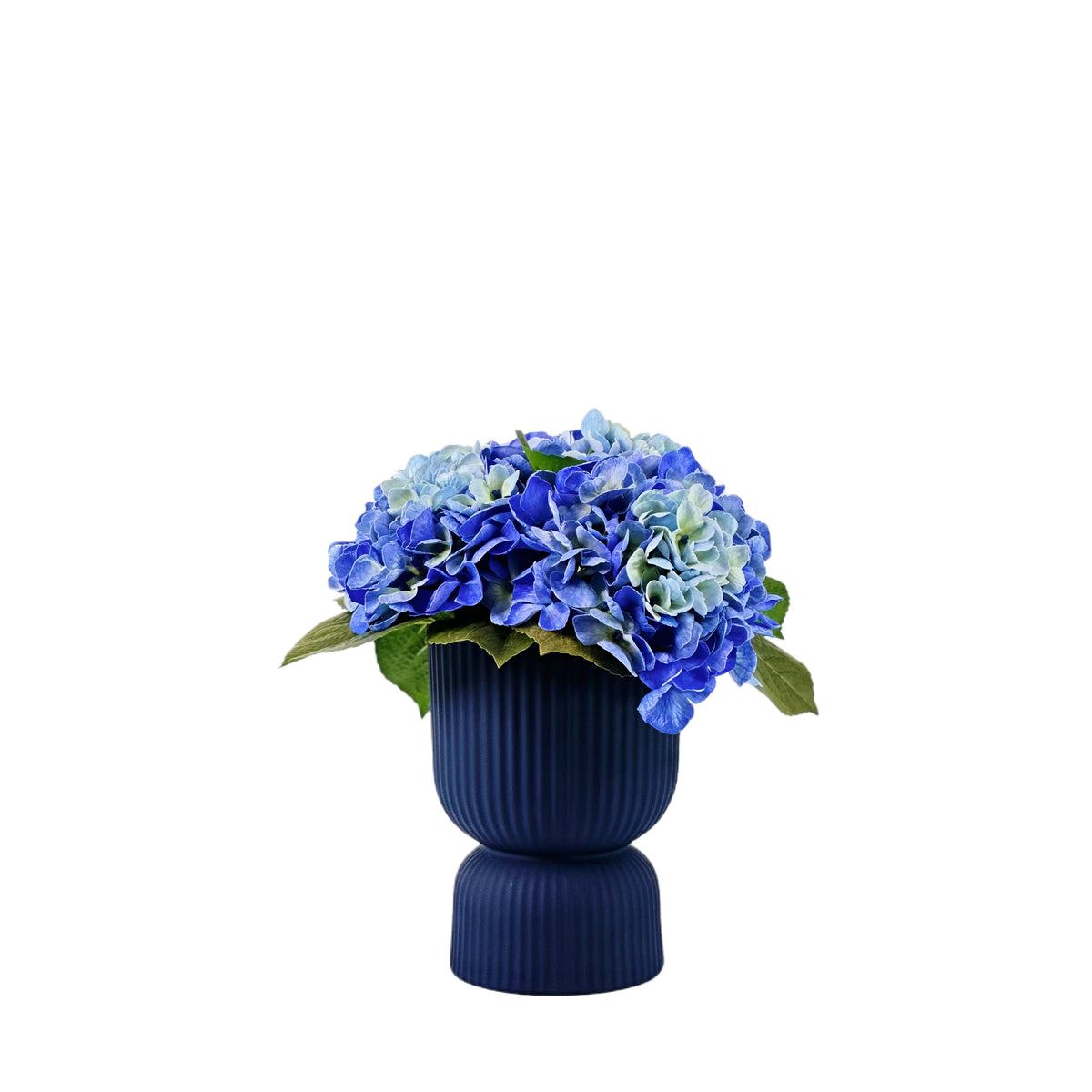 Artificial real touch Hydrangea in hues of  blue set n blue ceramic vase