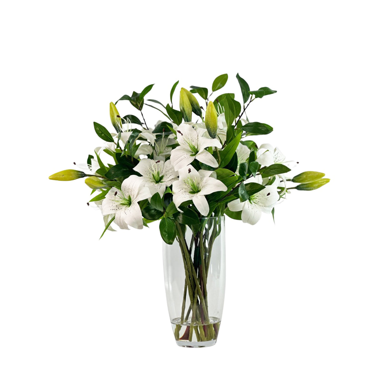 Silk White Tiger Lily Flower Arrangement 50cm wide, 70cm tall in Barrel Glass Vase with faux water