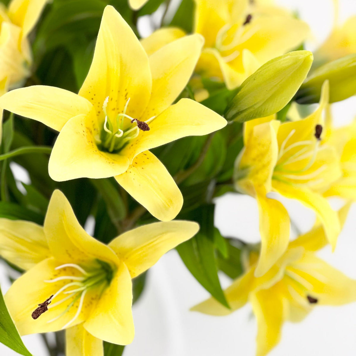 Tiger Lillies Yellow Silk Flower Arrangement in Glass Barrel Vase. Full close up view. Available from www.plantcouture.co.za