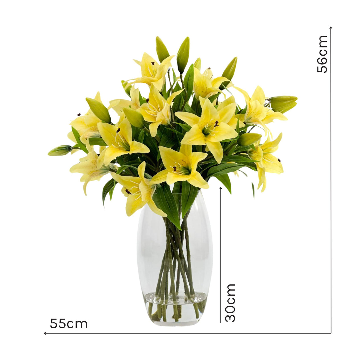 Tiger Lillies Yellow Silk Flower Arrangement in Glass Barrel Vase. Full front view with measurements. Available from www.plantcouture.co.za