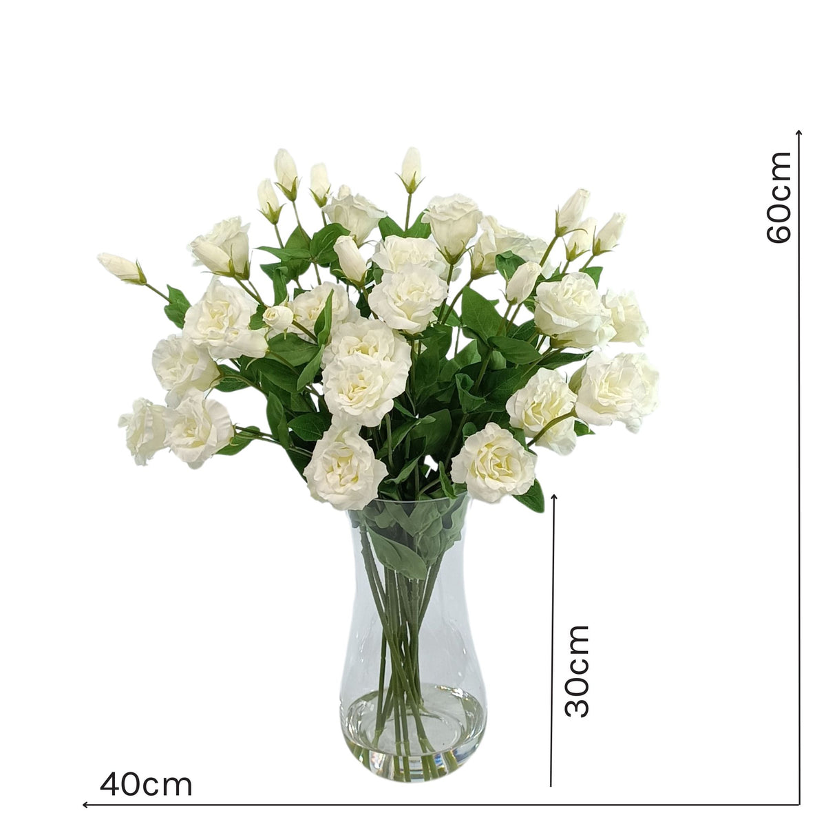 White Lusianthus Silk Flower Arrangement in Waisted Glass Vase. Front view with measurements. Plant Couture.