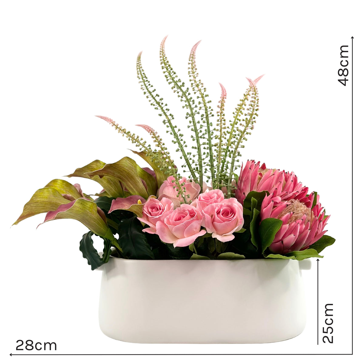 Protea Rose Arum Lily Mix Arrangement in White Ceramic Planter