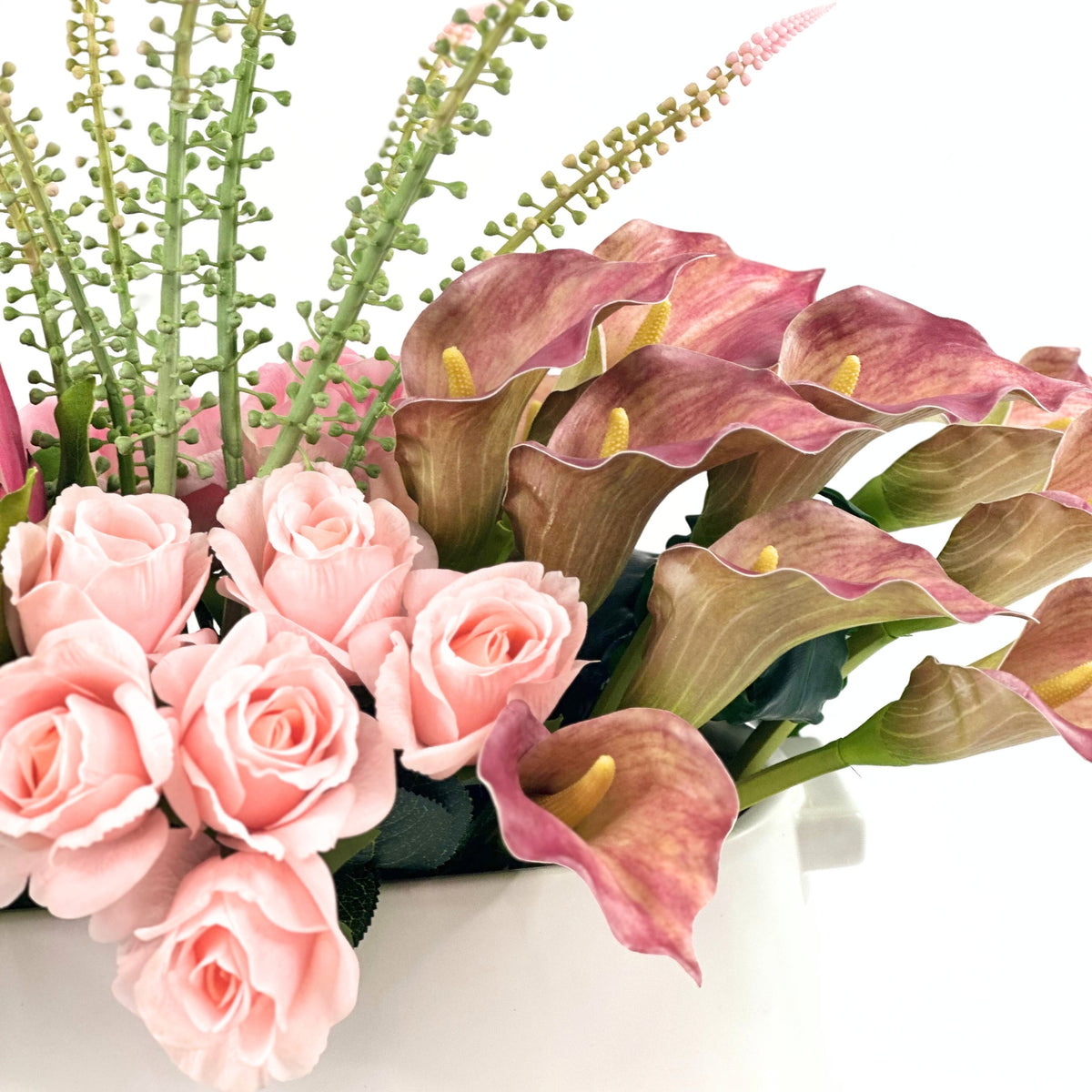 Protea Rose Arum Lily Mix Arrangement in White Ceramic Planter