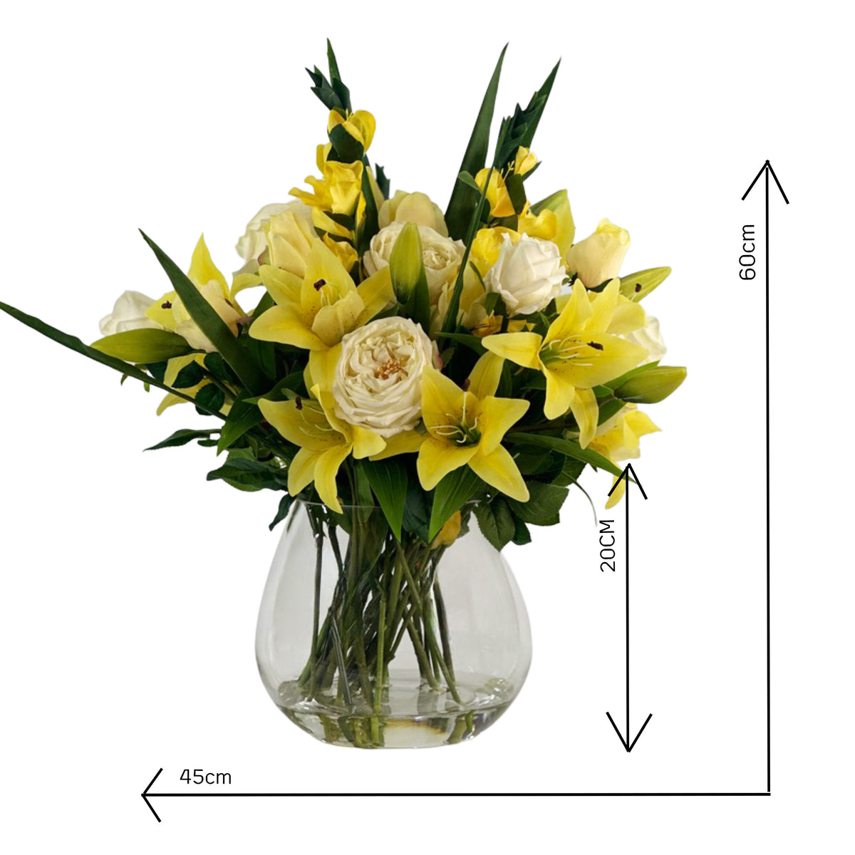 Bouquet of yellow and white faux flowers in a clear vase with dimensions indicated.