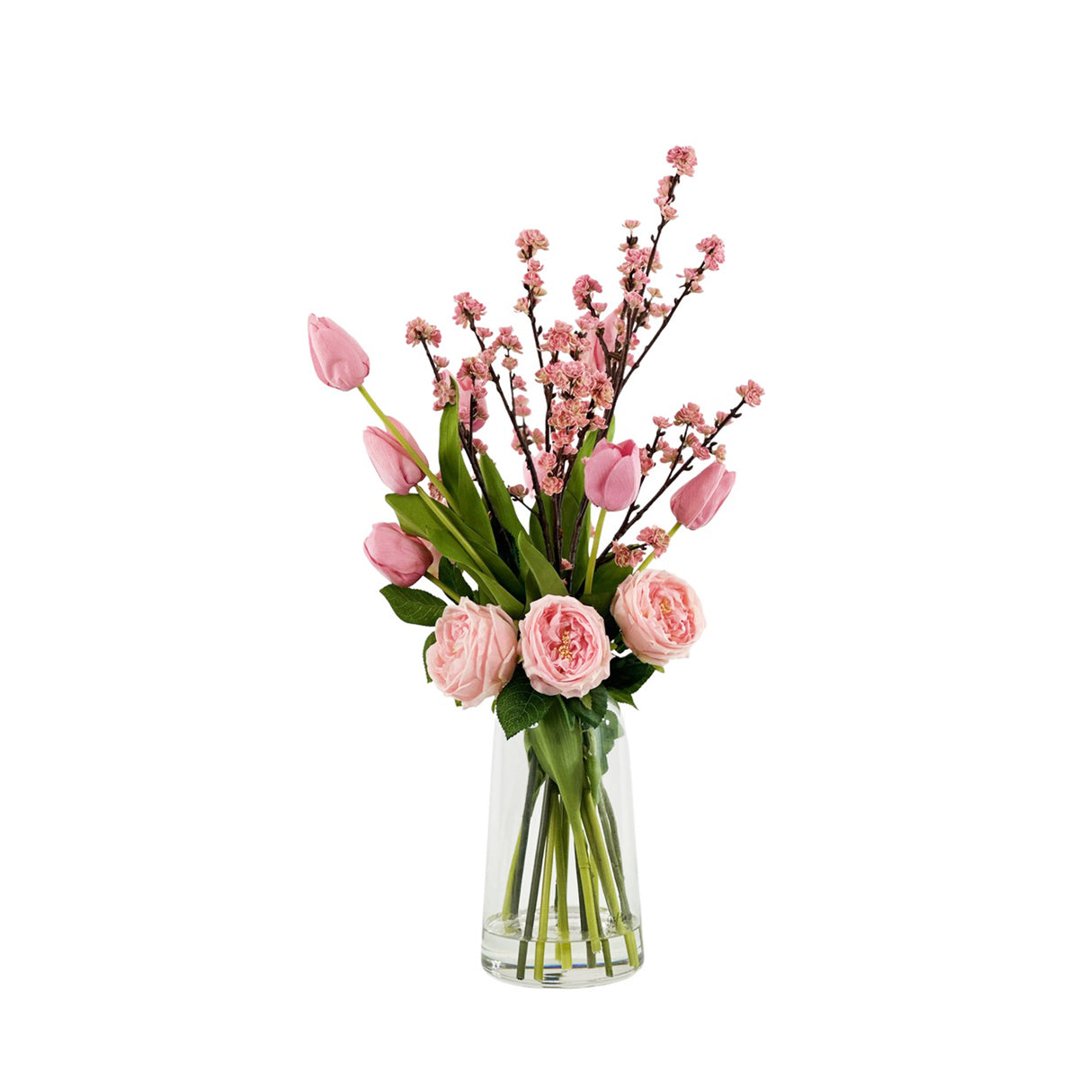 Artificial Mixed arrangement with Roses Cherry Blossom and Tulips in Pink set in Clear Glass Helsinki Vase