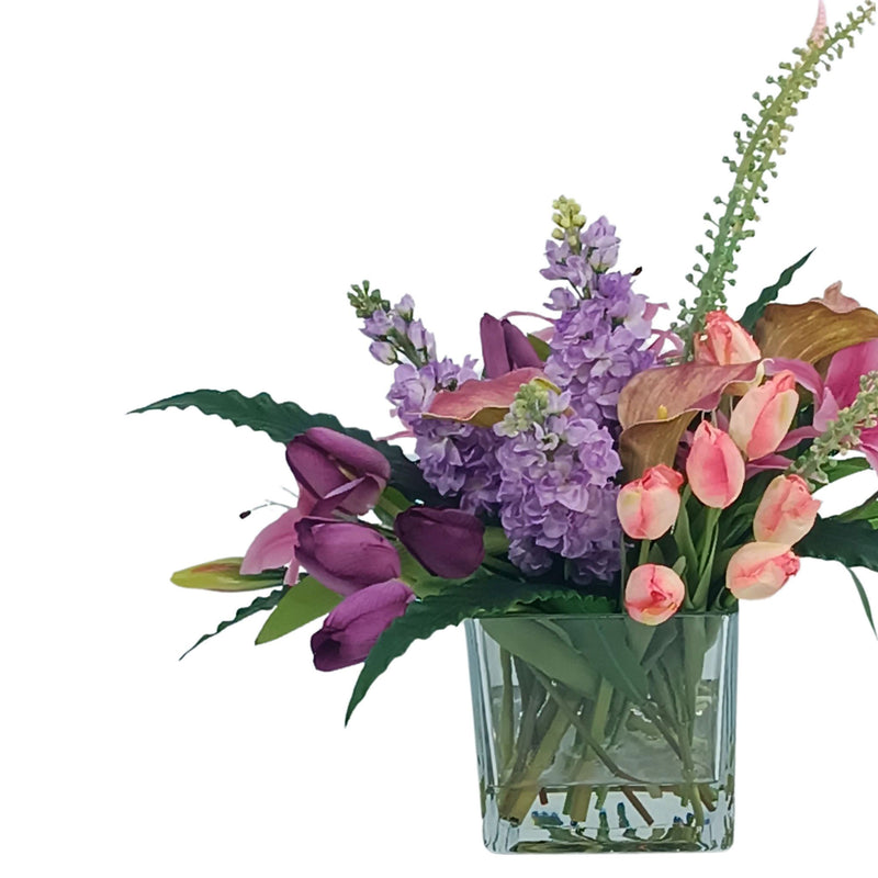 Mix Arrangement Arum Lily Tulip Snapdragon. Front view of silk flower arrangement available from www.plantcouture.co.za