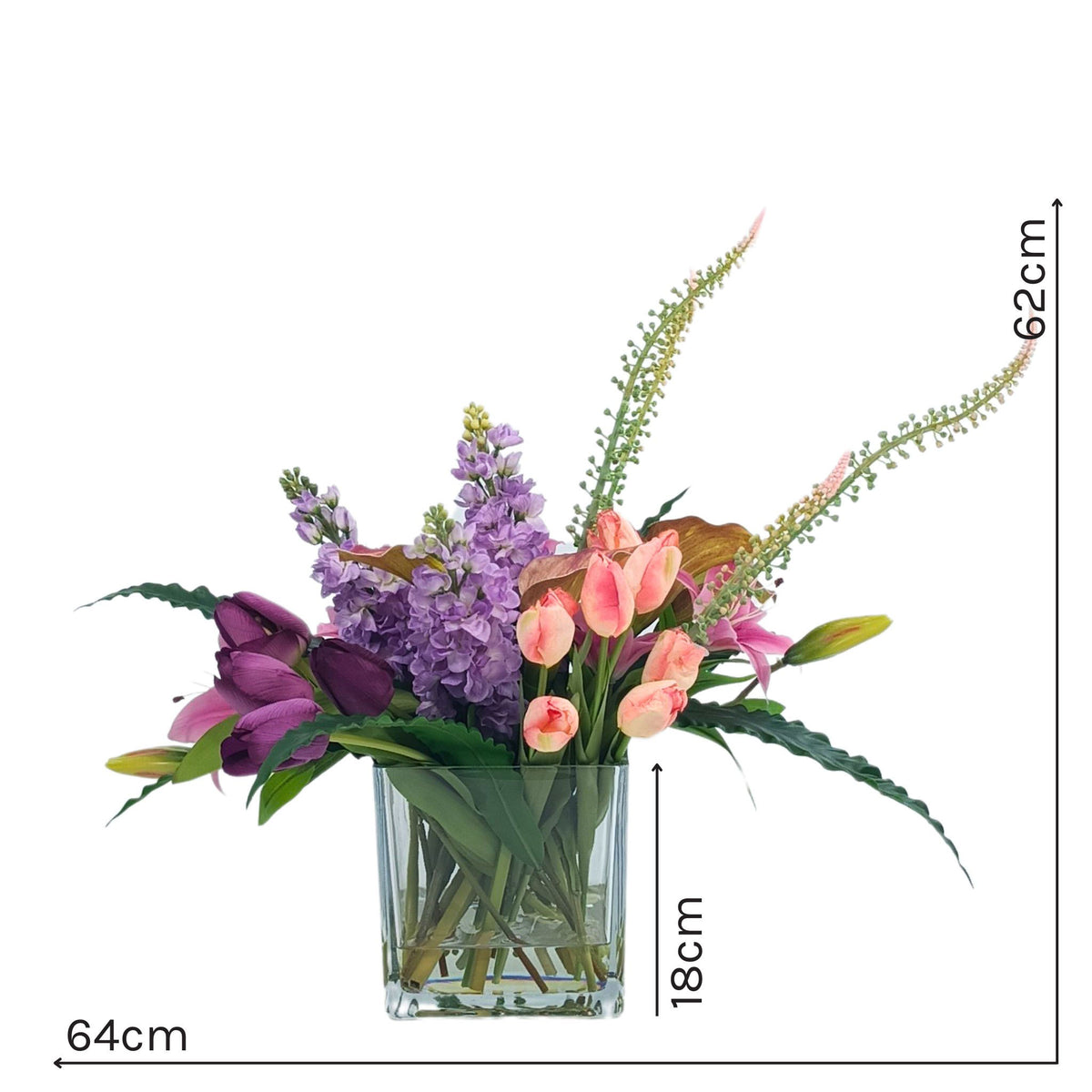 Mix Arrangement Arum Lily Tulip Snapdragon. Front view of silk flower arrangement with measurements available from www.plantcouture.co.za Height of 62cm with a width of 64cm. The vase is 18cm high.