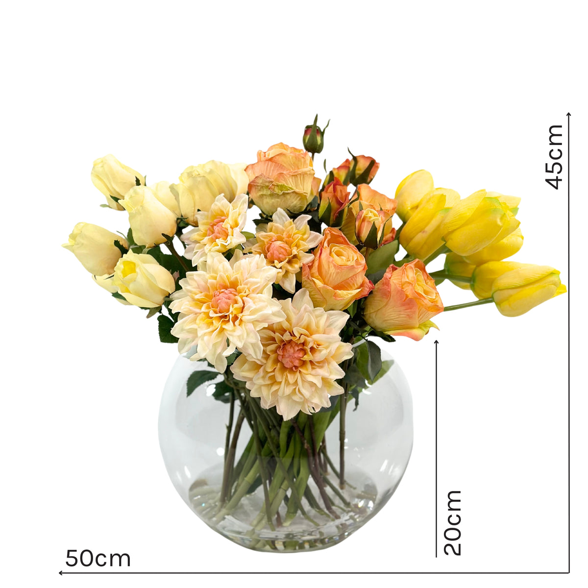 Tulip Dahlia and Roses Arrangement in Rose Bowl Glass Vase