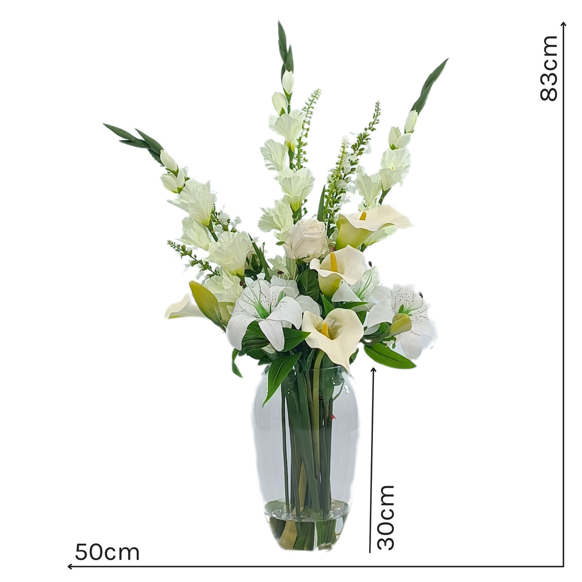 Arum Lily Gladioulus Oncidium Rose Tiger Lily Mix Arrangement. Full front view of silk flower arrangement with measurements available from Plant Couture. 83cm high x 50cm wide. Vase is 30cm tall.