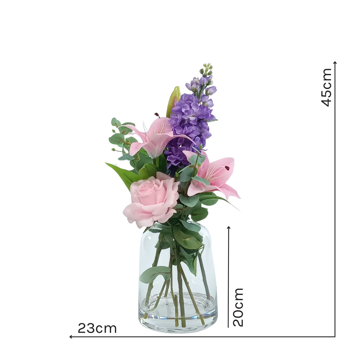 Rose Snapdragon Eucalyptus Mix SILK FLOWER Arrangement. Full view with measurements. 45cm tall x 23cm wide with a vase height of 20cm. Arrangements available from www.plantcouture.co.za