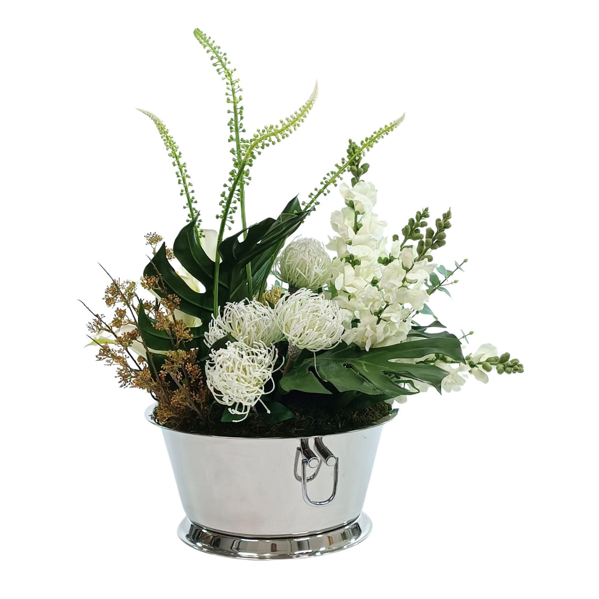 Faux Arrangement with Monstera leaves and White Snapdragon, Pincushions and Arum Lilies in Large silver Tin.