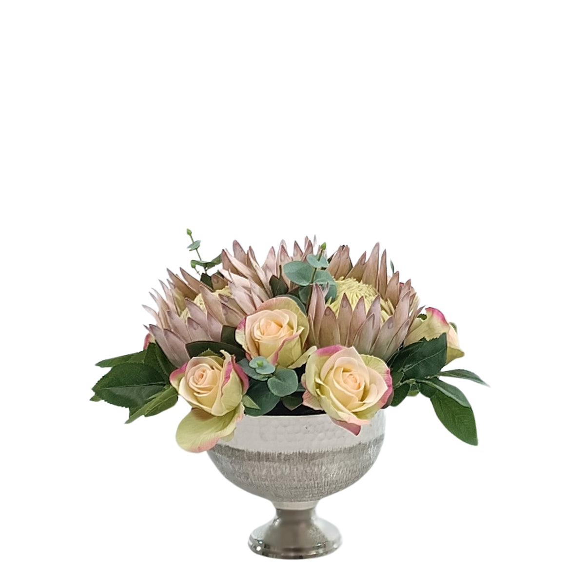 Rose and Protea Posie in Silver Tin