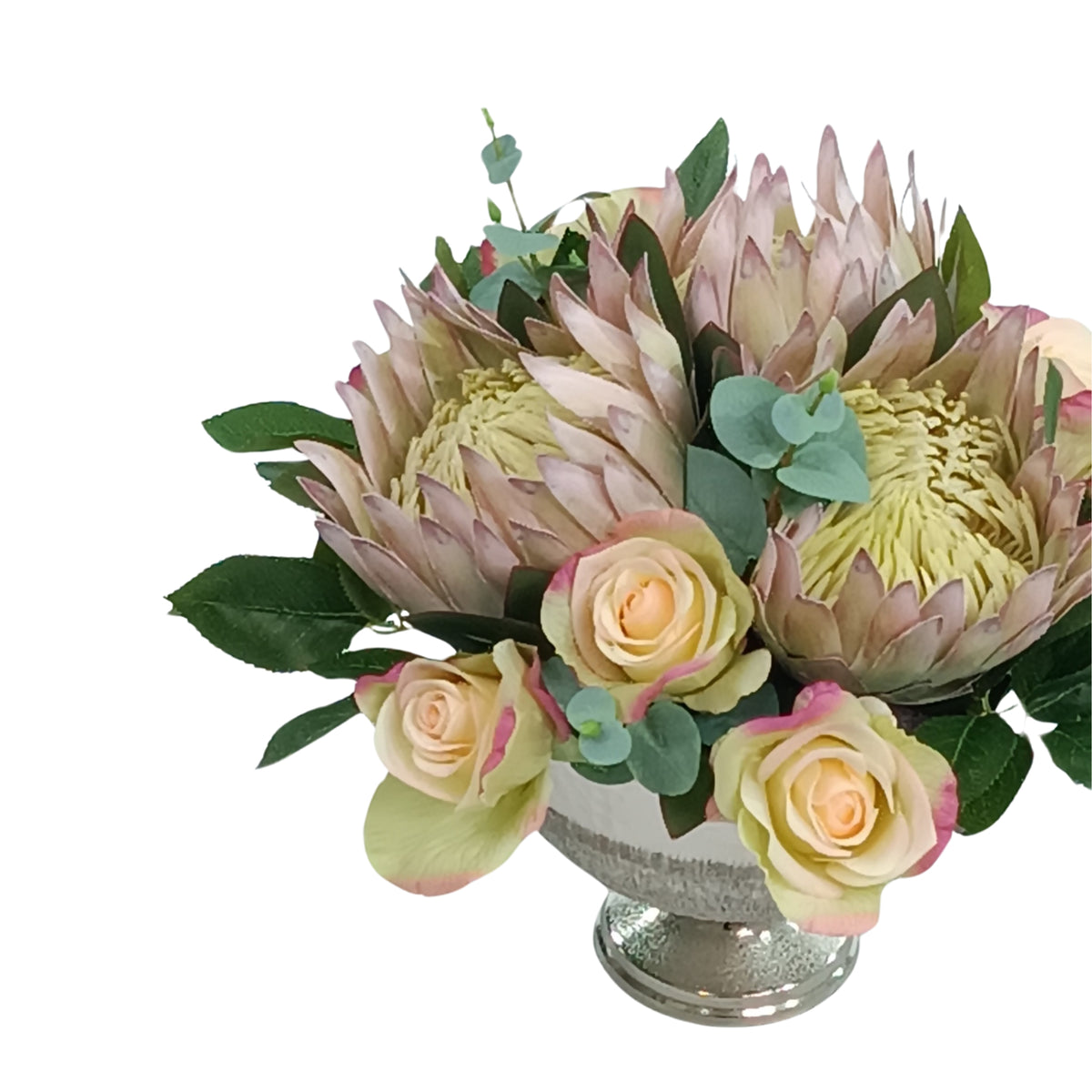 Rose and Protea Posie in Silver Tin