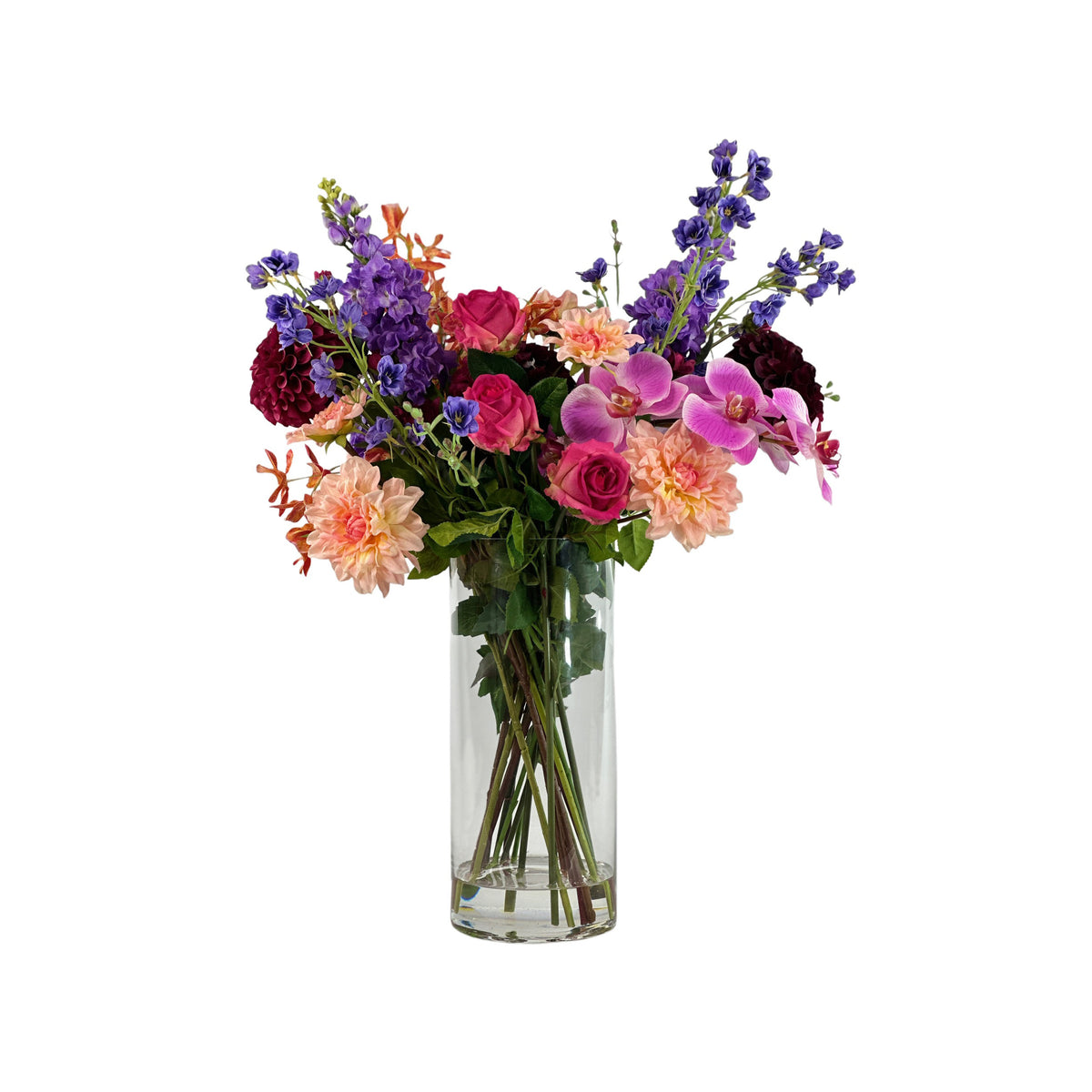 Mixed Faux Flower arrangement with Roses Dahlia Snapdragon and Oncidium Orchid 70cm High