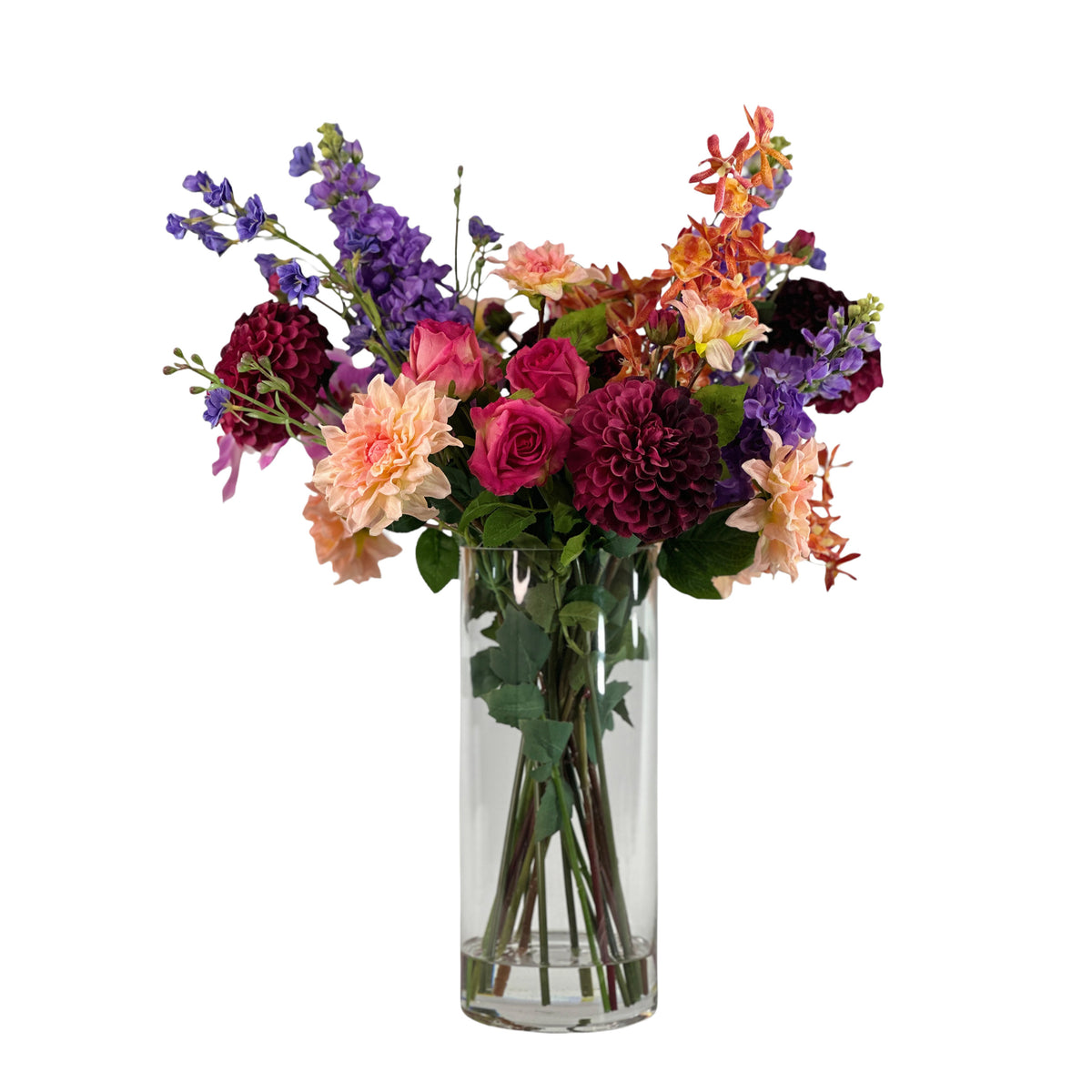 Mix Rose Snapdragon Orchid Dahlia Arrangement in Cylinder Glass Vase
