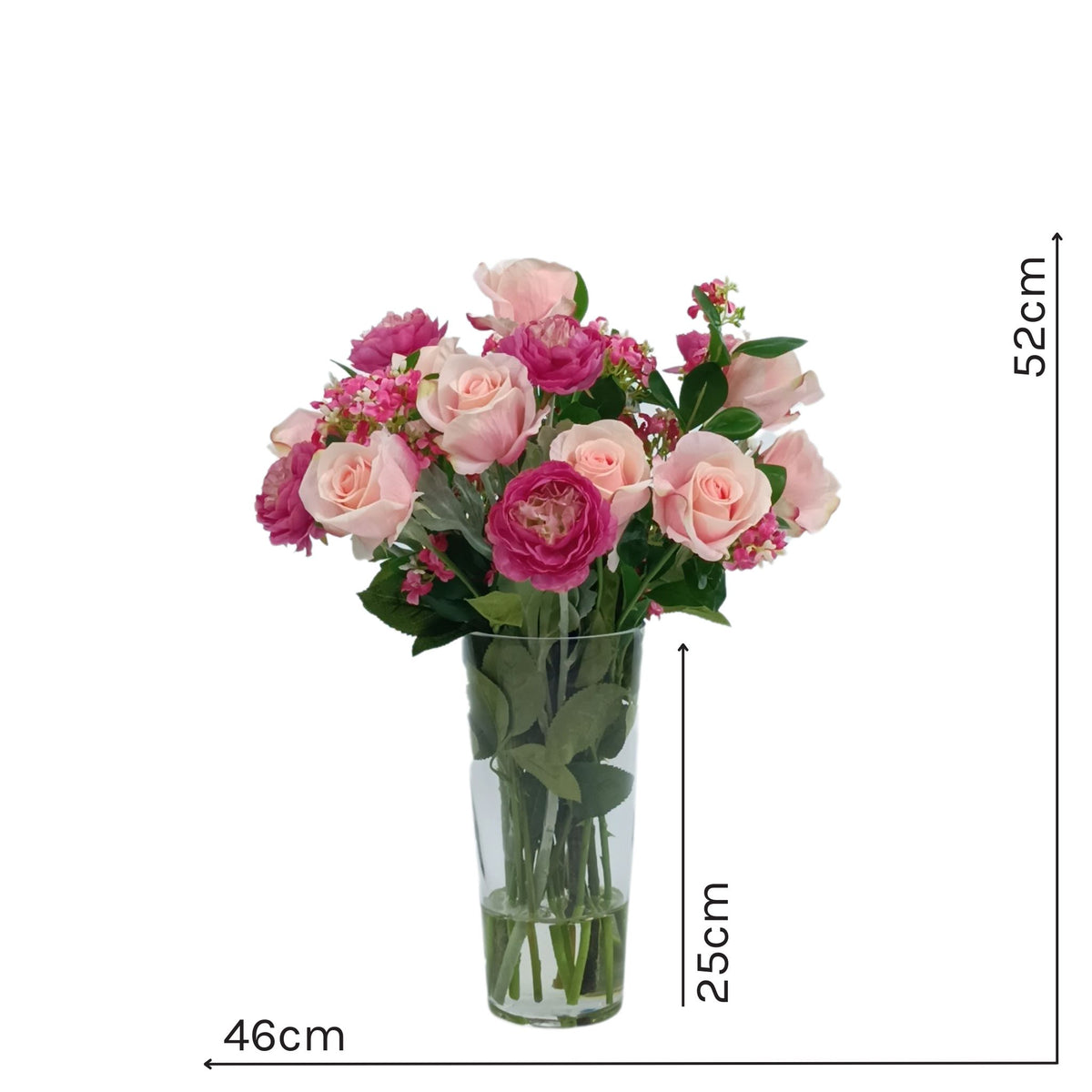 Mix Rose Rananculous Jasmine Arrangement in Cone Glass Vase