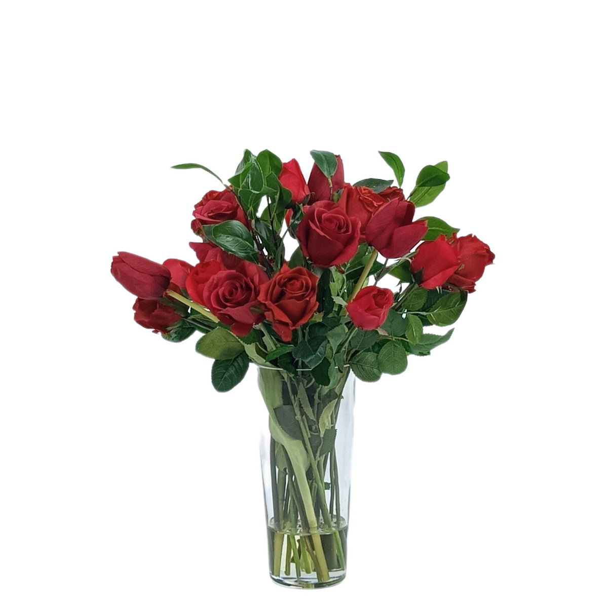 Mix Tulip Roses Foliage Arrangement in Cone Glass Vase