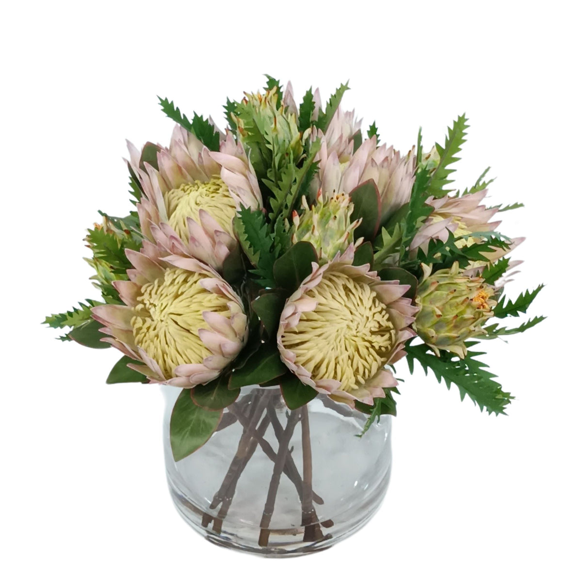 Protea King & Artichoke Mix SILK FLOWER Arrangement in Glass Cylinder Vase. Top view of arrangement available from www.plantcouture.co.za.