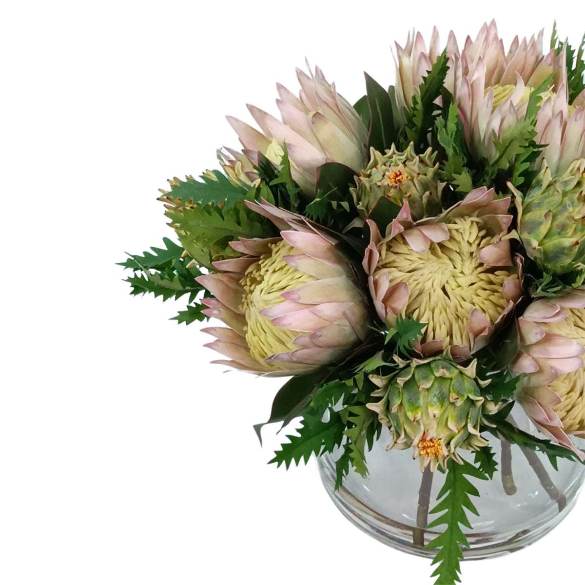 Protea King & Artichoke Mix SILK FLOWER Arrangement in Glass Cylinder Vase. Front view of arrangement available from www.plantcouture.co.za.
