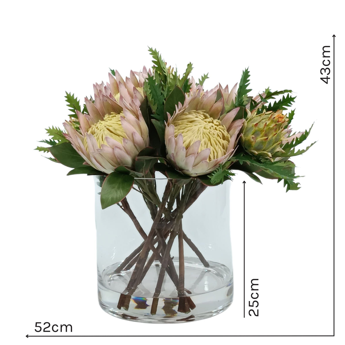 Protea King & Artichoke Mix SILK FLOWER Arrangement in Glass Cylinder Vase. Front view of arrangement with measurements available from www.plantcouture.co.za. 43cm high x 52cm wide. 25cm vase.