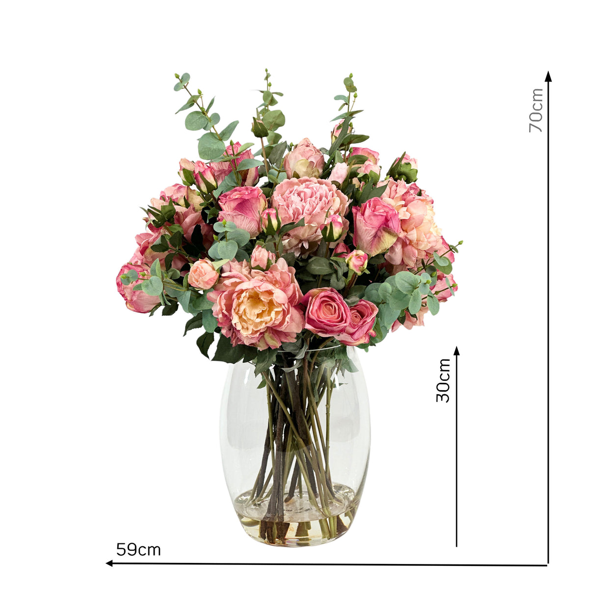 Silk Flower Arrangement with Pink Roses and Peonies 70cm high 59cm wide in Barrel vase 30cm high
