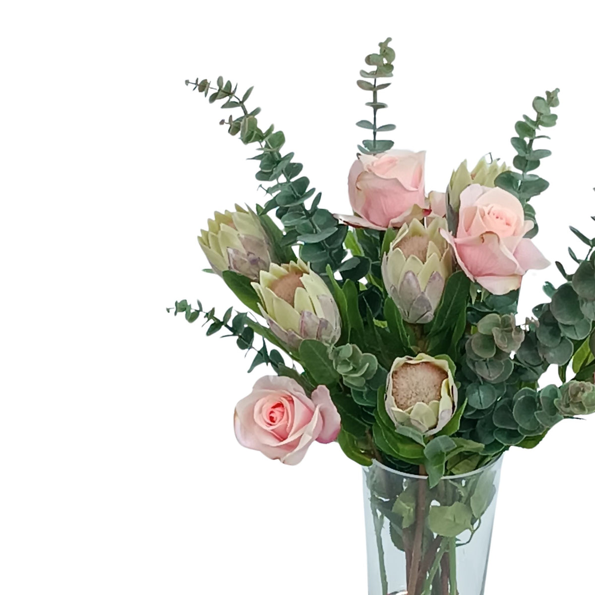 Protea and Roses Mix Silk Flower Arrangement. Top view. Purchase from www.plantcouture.co.za