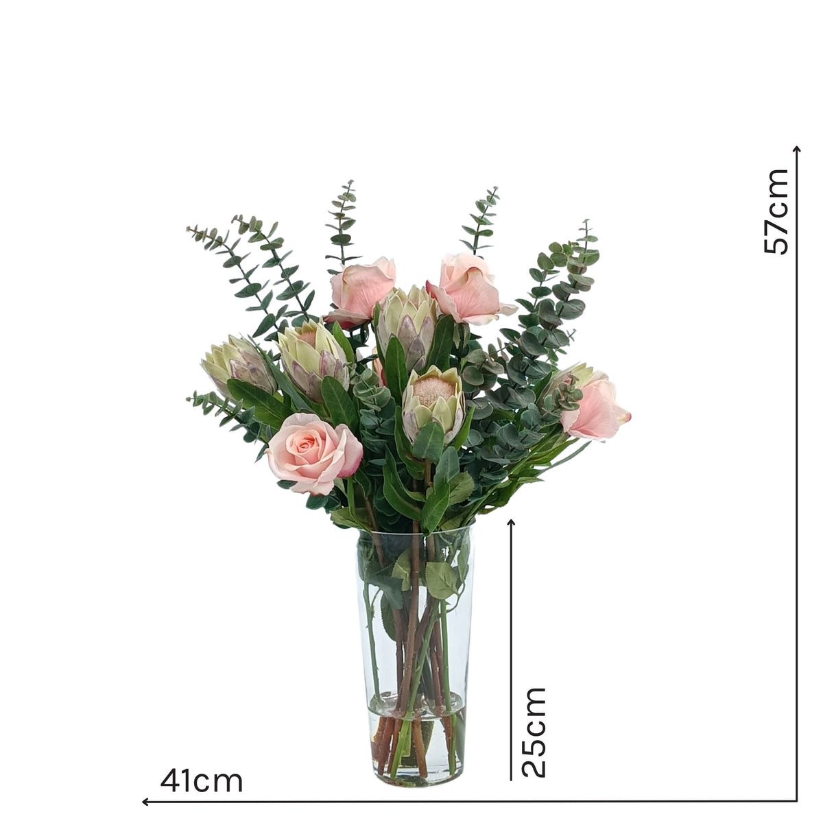 Protea and Roses Mix Silk Flower Arrangement. Full view with measurements. 57cm high x 41cm wide with a vase height of 25cm. Purchase from www.plantcouture.co.za