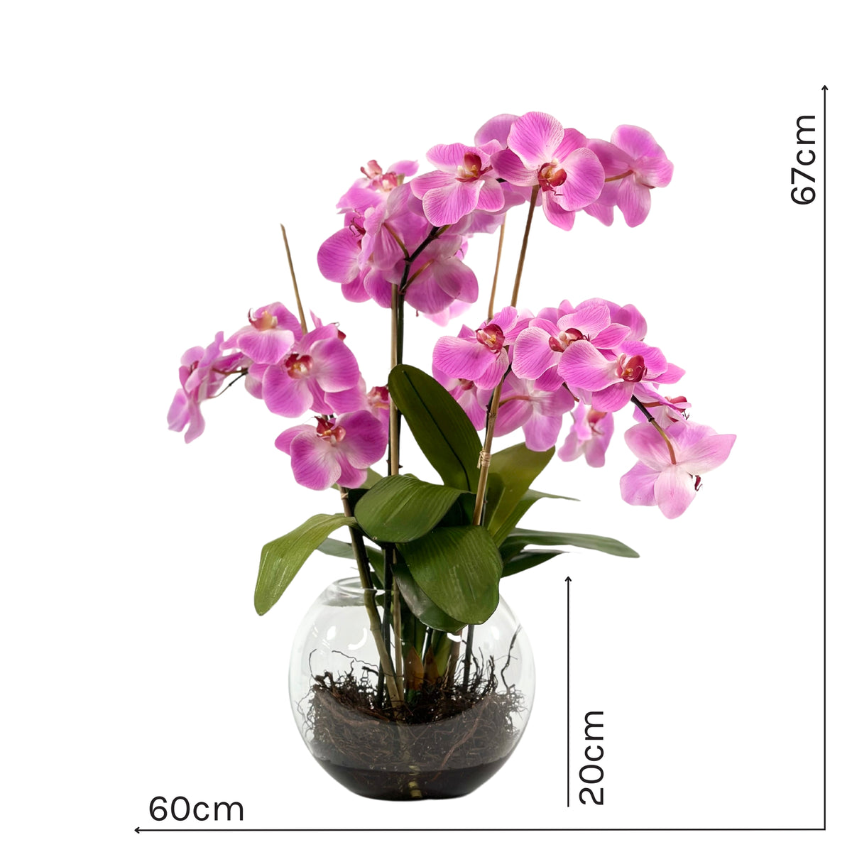 Faux purple Phalaenopsis Orchid arrangement 60cm wide 67cm high in clear Bubble glass vase of 20cm height