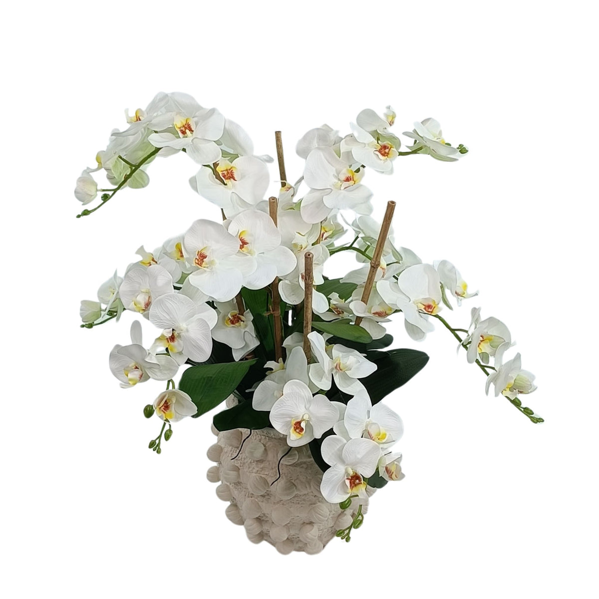 Phalaenopsis White in Ceramic Bobble Vase. Top front view. Silk flower arrangements available from www.plantcouture.co.za