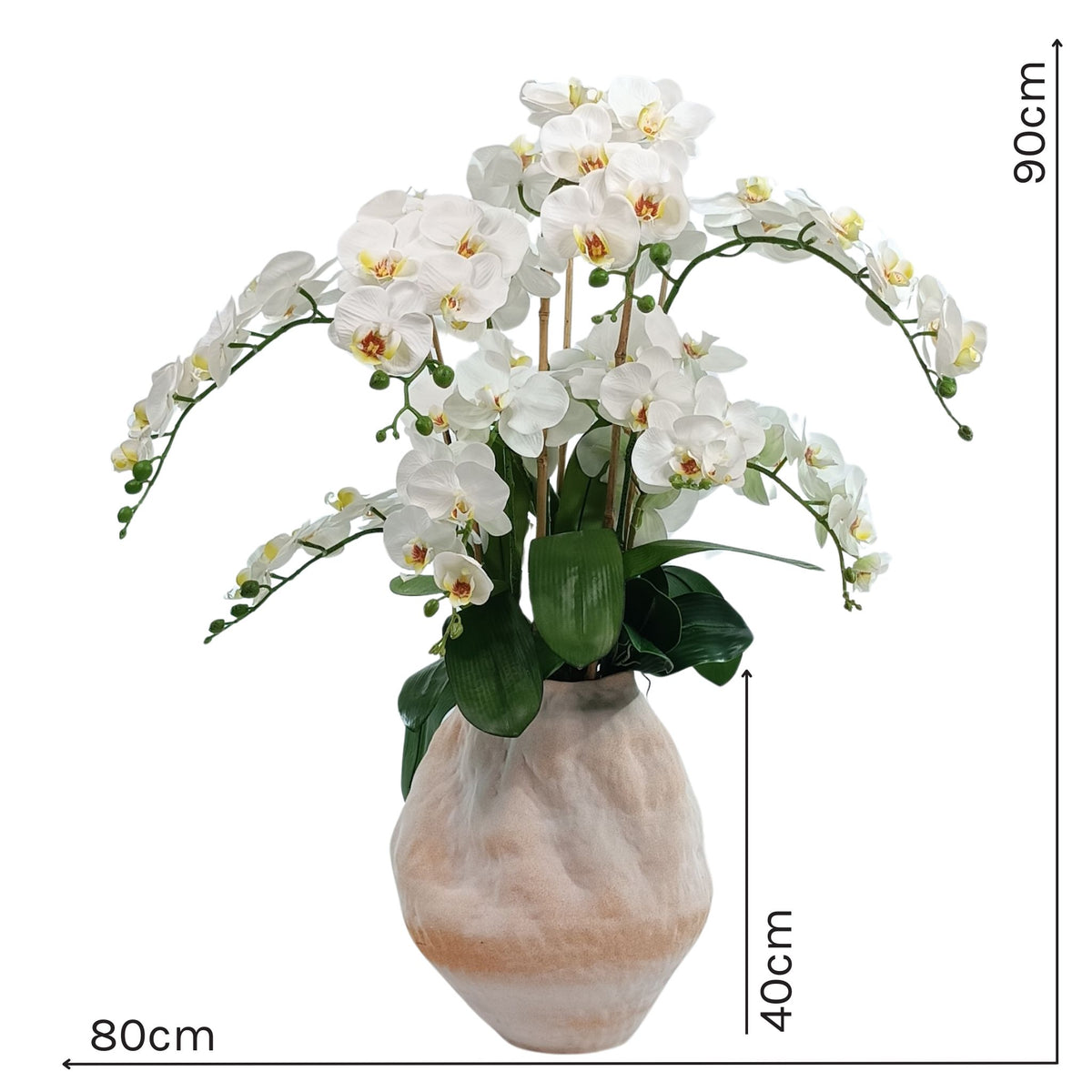 Phalaenopsis White in Earthy Ceramic Vase. Full front view of vase and silk flowers with measurements. 90cm high x 80cm wide. Vase height is 40cm. Buy from www.plantcouture.co.za