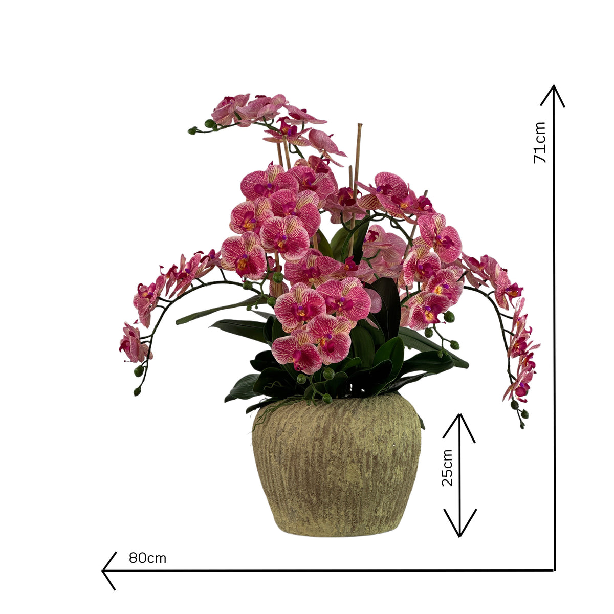 Faux Phaelaenopsis Orchid Pink Arrangement set in Textured Green Cement vase with measurements 80cm wide and 71cm tall