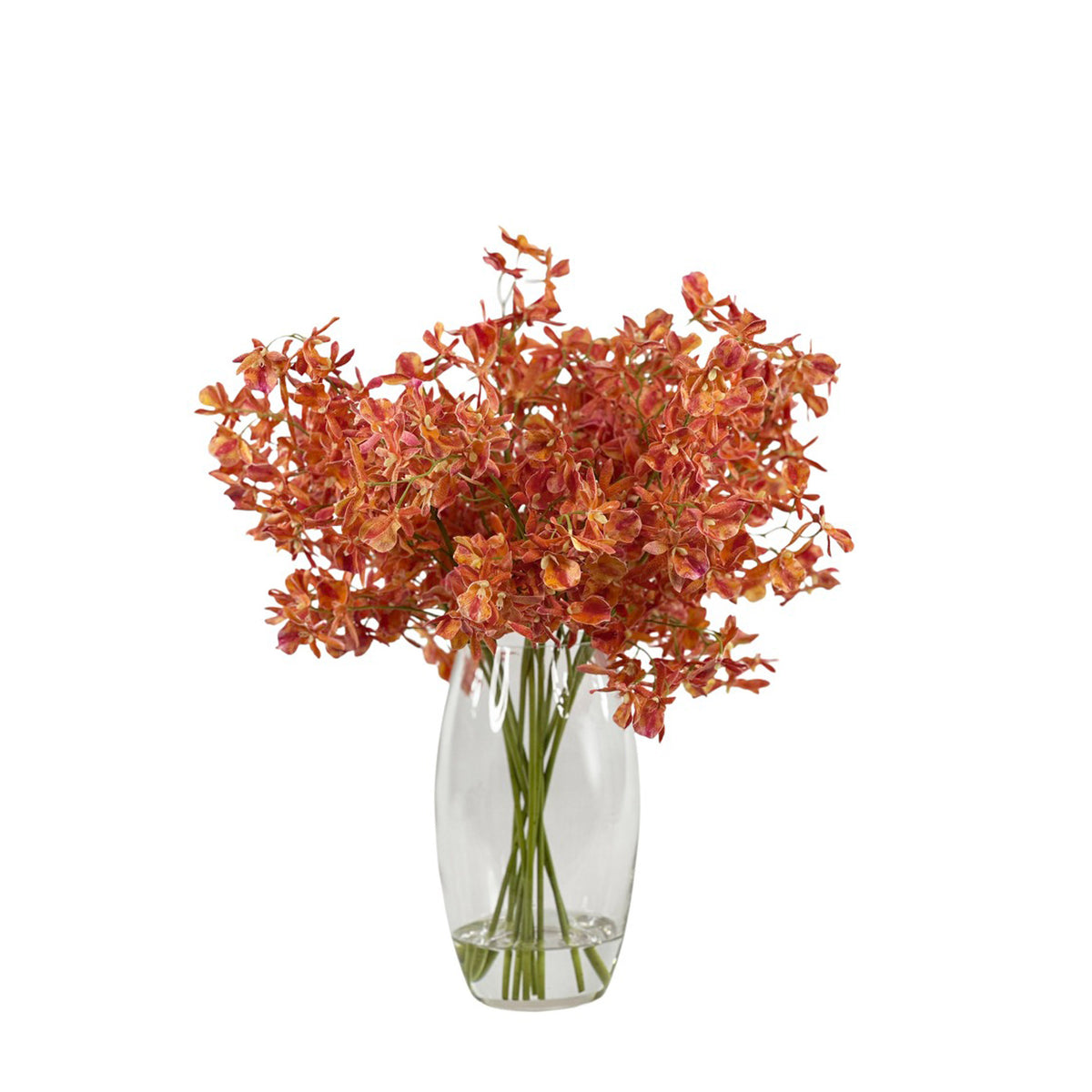 Faux Oncidium Orchid Orange Red Arrangement in Glass Barrel Vase