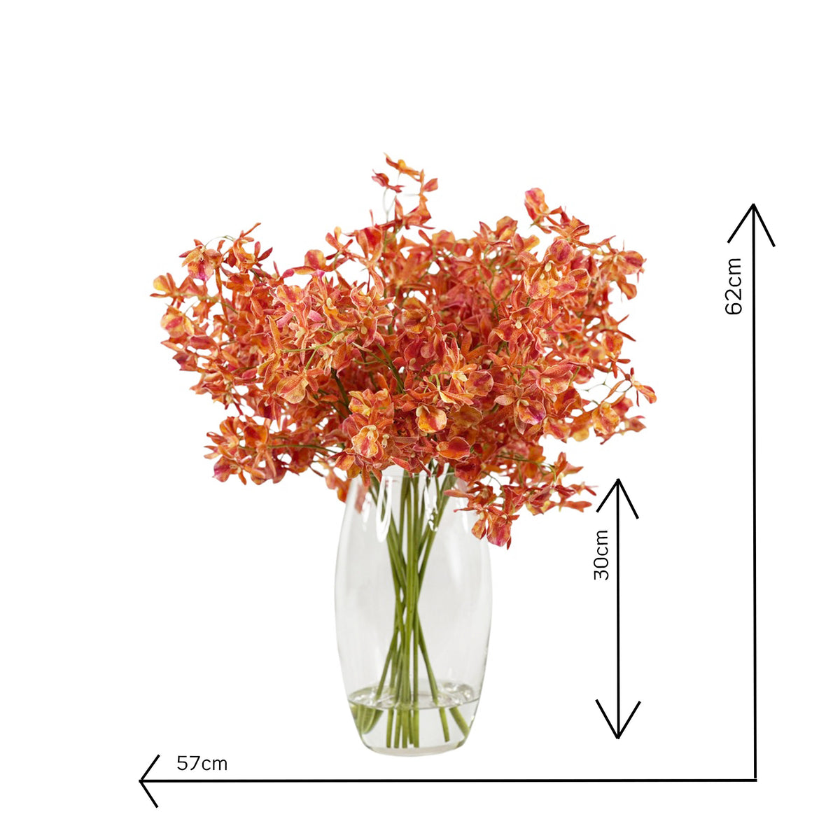 Faux Oncidium Orchid Orange Red Arrangement in Glass Barrel Vase with measurements 57cm wide and 62cm tall