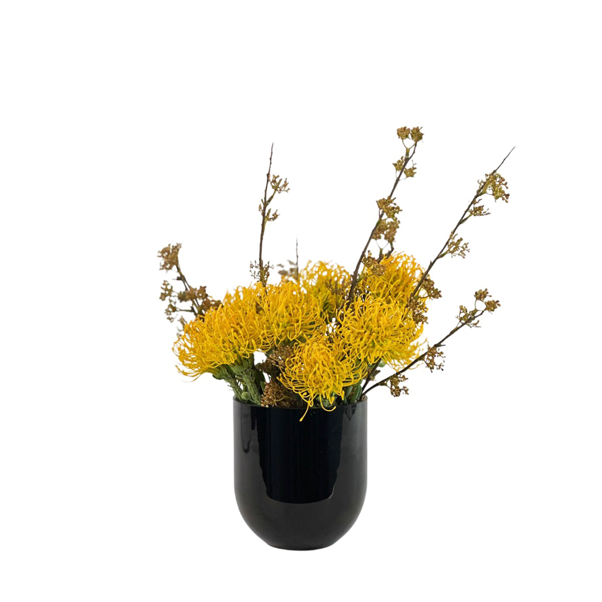 Artificial Pincushions Yellow with Berry Stem in Black vase