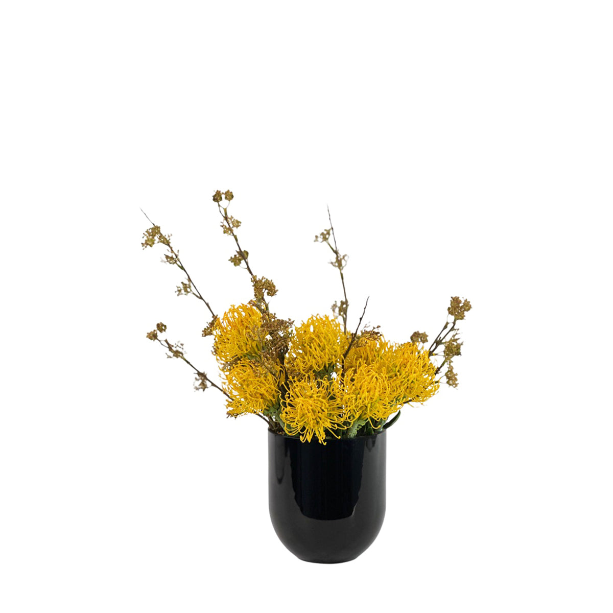 Faux Pincushions Yellow  arrangement with Berry Stem in Black vase