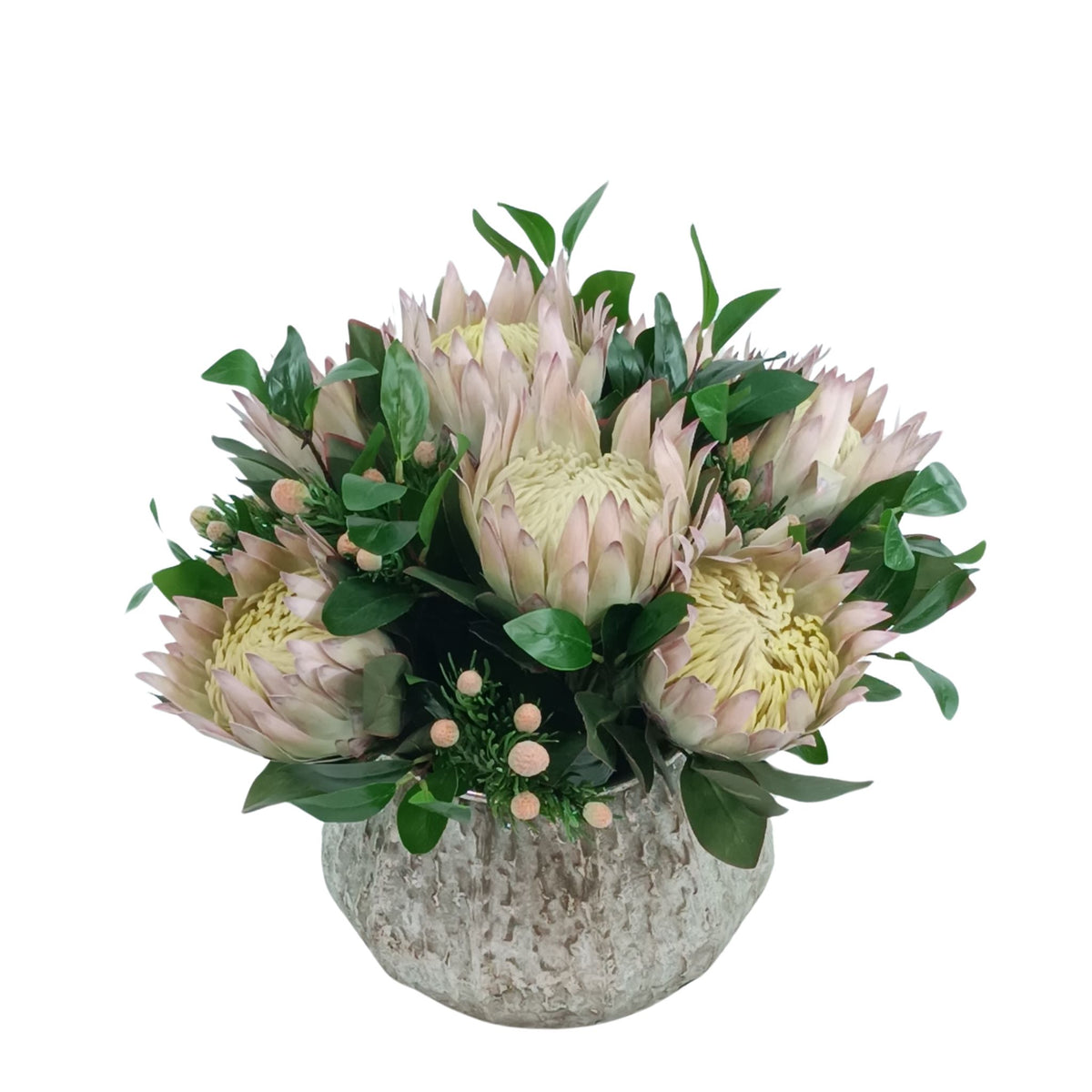 Protea Arrangement in Aged Silver Tin. Silk flower arrangement top
 view. Available from www.plantcouture.co.za