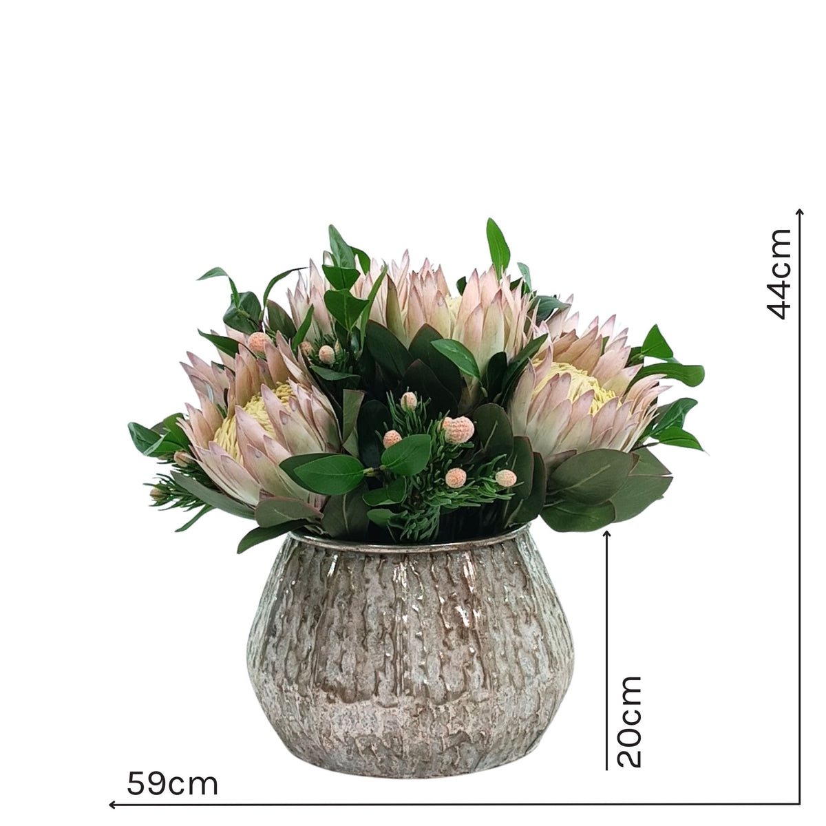 Protea Arrangement in Aged Silver Tin. Silk flower arrangement full view with measurements. 44cm high x 59cm wide with a vase height of 20cm. Available from www.plantcouture.co.za