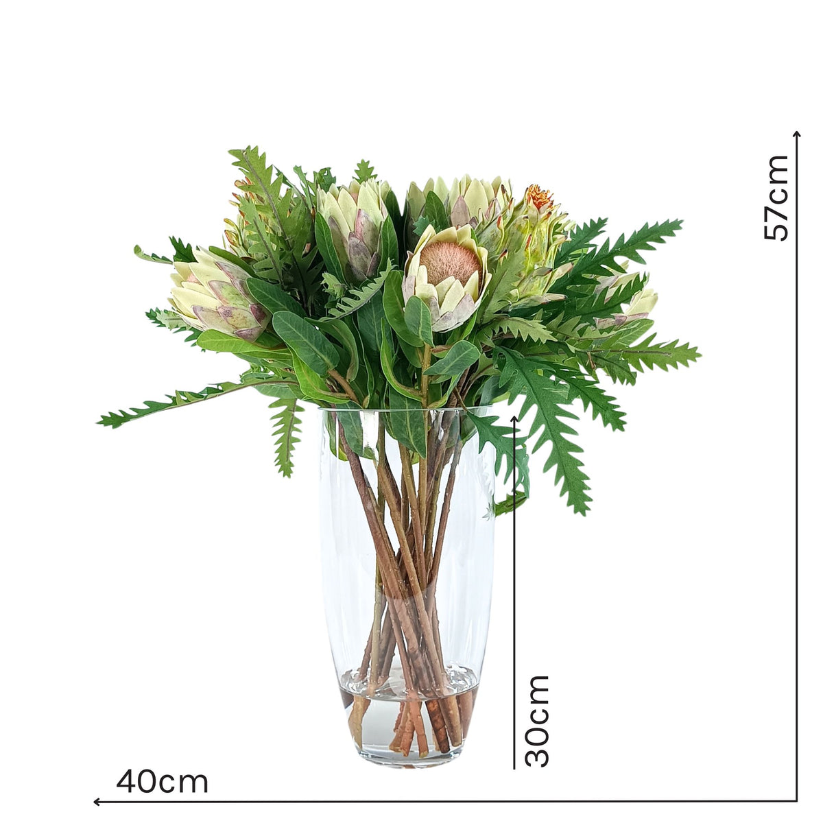 Protea Artichoke Silk Flower Arrangement in Glass Bullet Vase. Front view with measurements of this arrangement available from www.plantcouture.co.za.