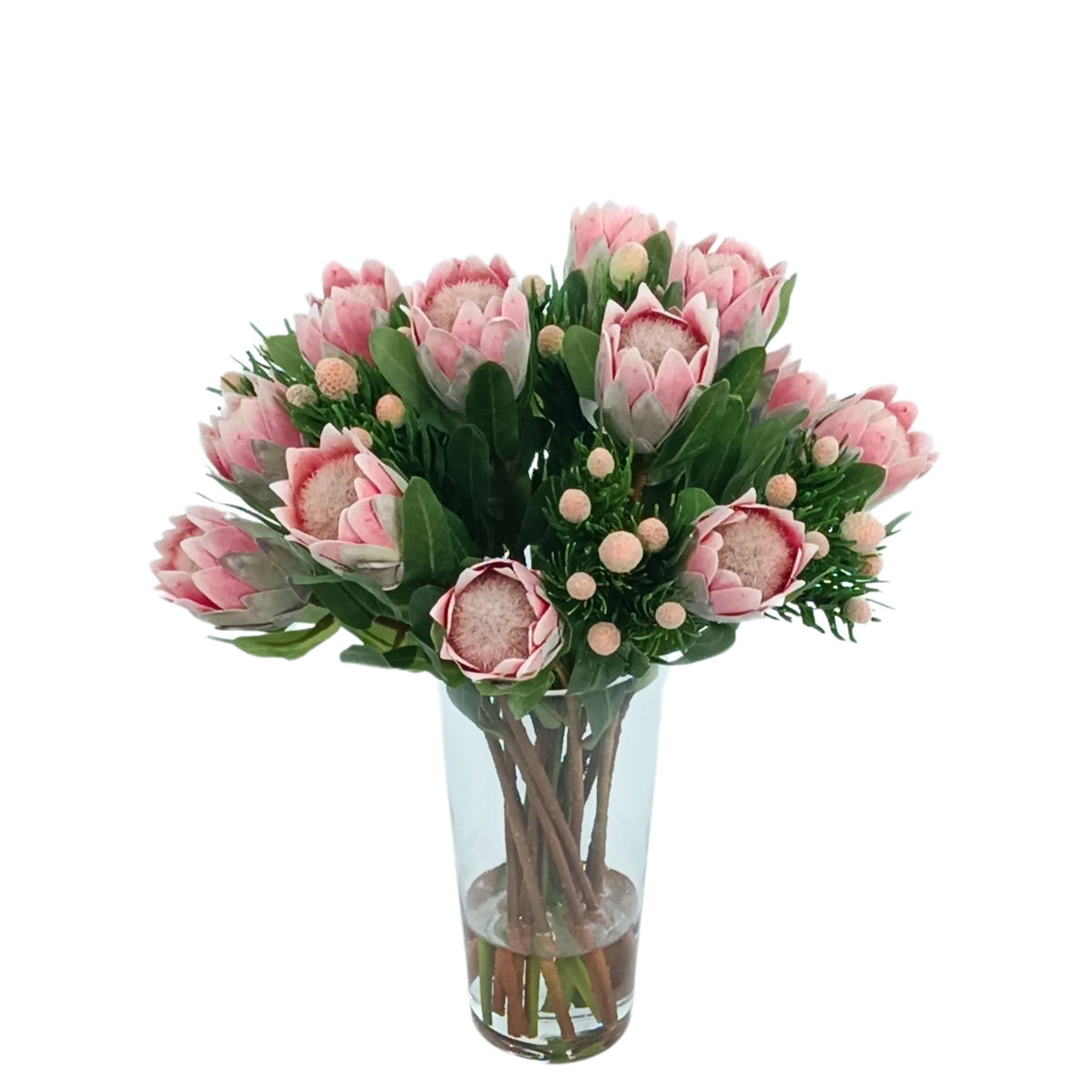 Protea & Protea Spray Silk Flower Arrangement in Cone Glass Vase. Front view of arrangement available from www.plantcouture.co.za.