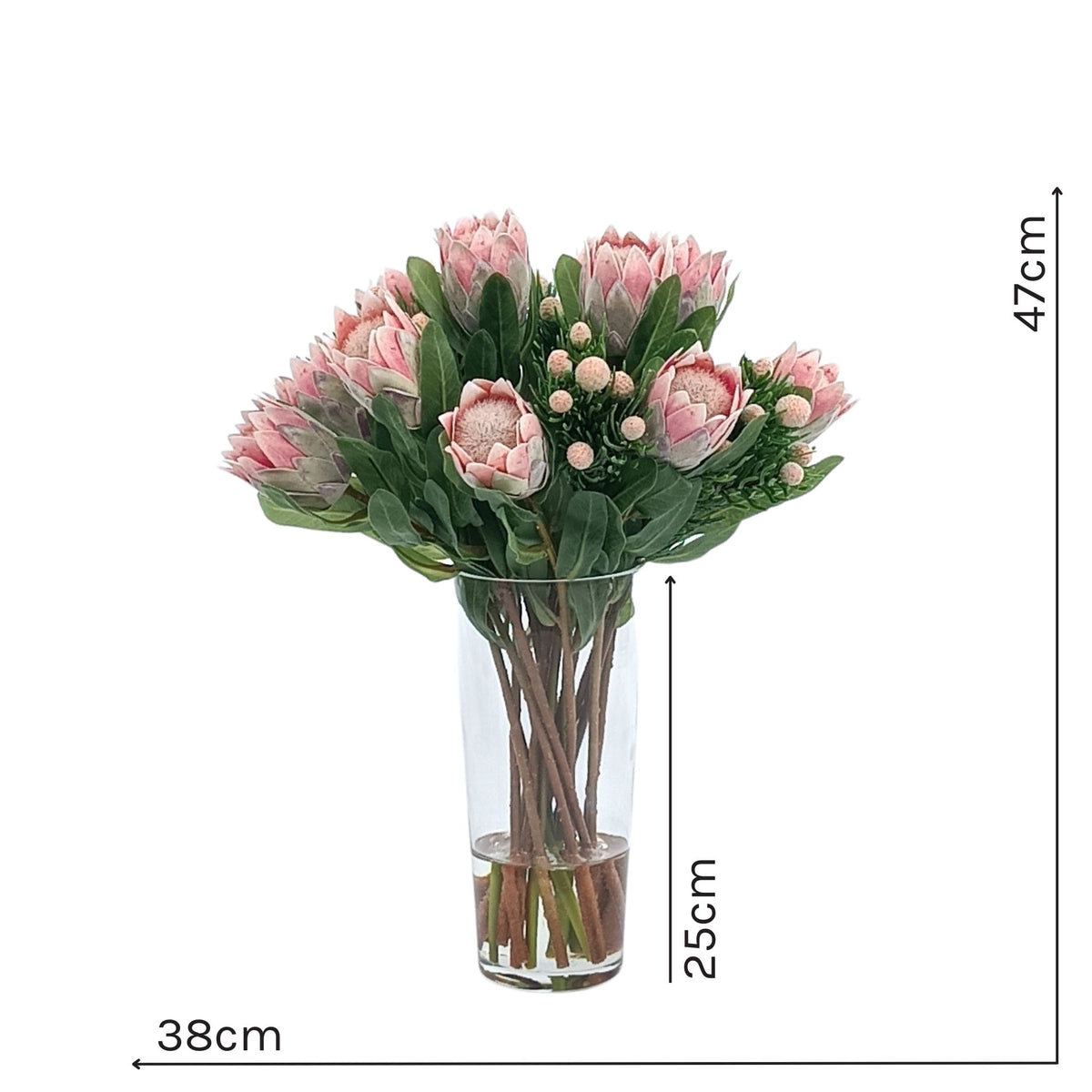 Protea & Protea Spray Silk Flower Arrangement in Cone Glass Vase. Front view of arrangement with measurements available from www.plantcouture.co.za. 47cm high x 38cm wide. Vase is 25cm high.