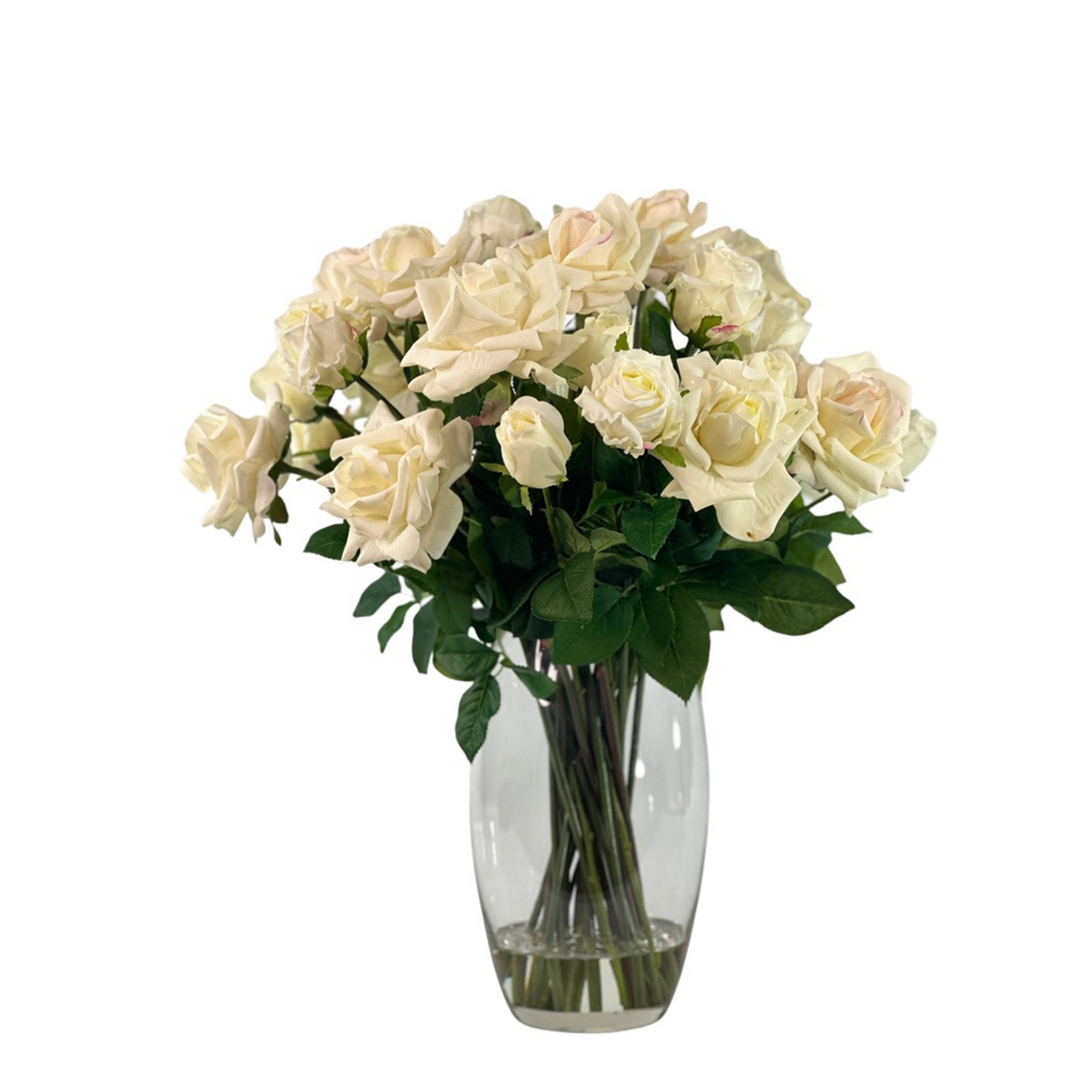 Arrangement of Faux White Open Roses set in imitation water 59cm tall and 51cm wide