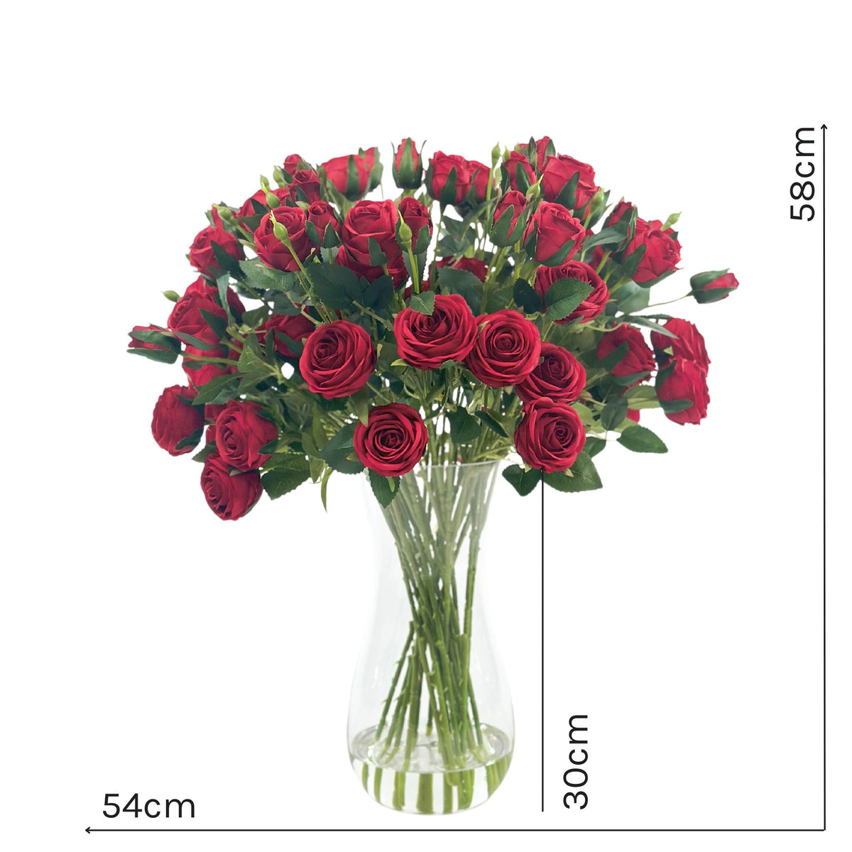 Roses Red Silk Flower Arrangement in Waisted Glass Vase. Front view with measurements. Plant Couture.